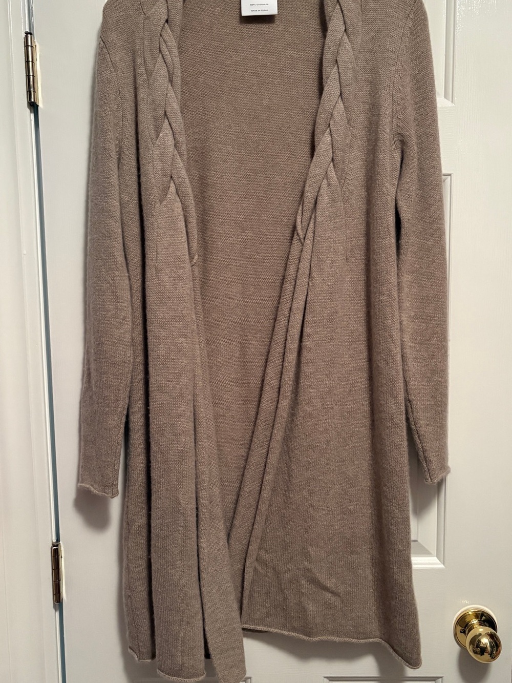 Cashmere Cable-Trim Open Front Women’s long sweater Cardigan - Taupe